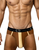 Big boy pouch cotton brief in brown and tan with a black waistband featuring the wildman logo