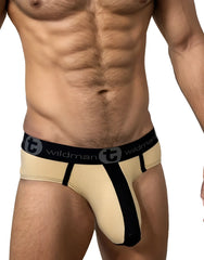 Beige and black wildman big boy pouch cotton brief with central black panel and stripe tan design