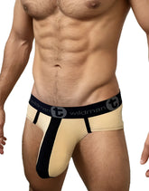 Beige and black wildman big boy pouch cotton briefs with stripe tan and a central black panel for comfort and style