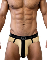 Beige and black wildman men’s briefs with a central black panel big boy pouch cotton brief with stripe tan