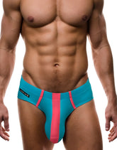 Big boy pouch modal briefs in baby blue and pink with teal and pink striped men’s swim trunks and bold modern design