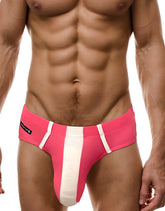 Big boy pouch modal briefs pink and white bright striped mens briefs with bold athletic design front view