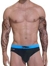 Big boy pouch swim bikini blue featuring black swim trunks with bright blue waistband and black drawstring