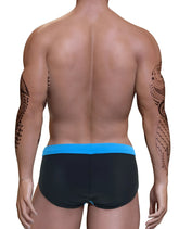 Black swim bikini pouch with bright blue waistband designed for big boys perfect for swimming and beachwear