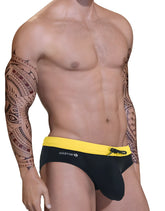 Black and yellow big boy pouch swim bikini with bold contrasting color block design for swimwear use