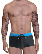 Big boy pouch swim square cut blue black swim trunks with bright blue waistband and black drawstring front view