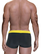 Big boy pouch swim square cut swim trunks in black with a bright yellow waistband for boys