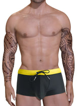 Big boy pouch swim square cut black swim trunks with bright yellow waistband and black drawstring for boys