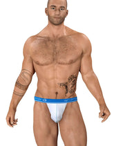 White mesh big boy strapless pouch briefs with a blue wildman waistband for comfortable support