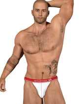 White athletic briefs big boy strapless pouch with red wildman branded waistband made of mesh material