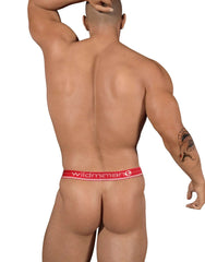Red elastic waistband with white wildman branding on big boy strapless white mesh pouch with red band
