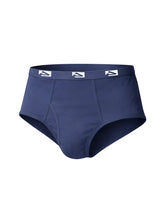 Navy blue big mans fly front briefs with a white logo waistband designed for comfort and support