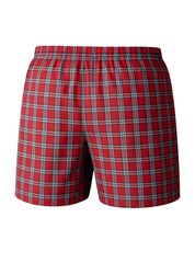 Red plaid woven boxer shorts with elastic waistband and thin white and dark blue lines in big mans broadcloth 2 pack