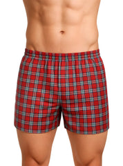 Big mans woven boxer in red plaid broadcloth with elastic waistband and green and white intersecting lines