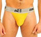 Yellow mesh bike brief with gray waistband and black bike branding in size xl for performance cotton support