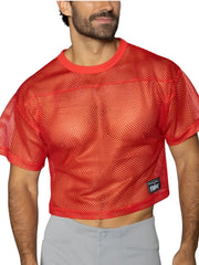 Red mesh crop top with solid red ribbed neckline and hem featuring black bike patch on lower left side
