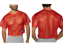 Bike athletic bam134 bright red short sleeve mesh football jersey with cropped hem for practice use