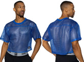 Blue mesh crop top with solid blue ribbed neckline and sleeve cuffs for bike athletic bam134 short sleeve practice jersey royal