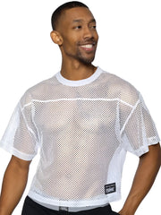 White mesh bike athletic bam134 short sleeve practice jersey with ribbed crew neckline and logo patch on front