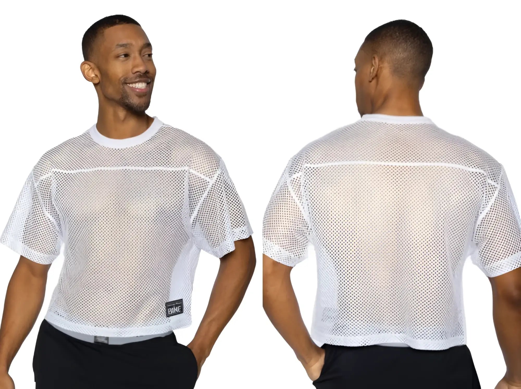 White mesh short sleeve athletic shirt with reinforced seams and black bnike tag for practice jersey use