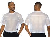 White mesh short sleeve athletic shirt with reinforced seams and black bnike tag for practice jersey use