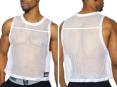 White mesh sleeveless practice jersey with round neckline and hemmed edges for bike athletic performance