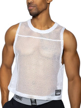 White mesh tank top with round neckline and reinforced trim from BIKE athletic BAM135 sleeveless practice jersey in white