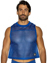 Blue mesh crop top with solid blue ribbed neckline and hem sleeveless practice jersey in vibrant royal blue royal