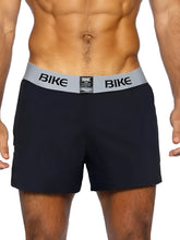 Black bike athletic BAM216 jock shorts with gray waistband featuring bold bike lettering for active wear
