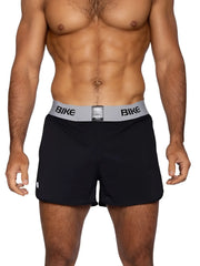 Black bike athletic bam225 peek-a-boo jock shorts with gray waistband and bold bike lettering for active use