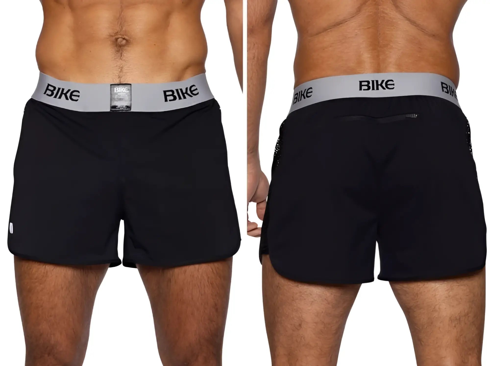 Black bike athletic bam225 peek-a-boo jock shorts with gray waistband and bike logo in black lettering