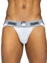 White mesh bike brief with gray waistband and black bike lettering from BIKE athletic BAS304 classic jockstrap line