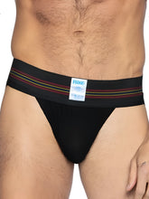 Black bike athletic bas306 original number 10 jockstrap with striped maroon yellow and green waistband front view