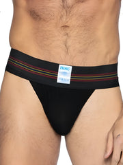 Black bike athletic bas306 original number 10 jockstrap with striped maroon yellow and green waistband front view