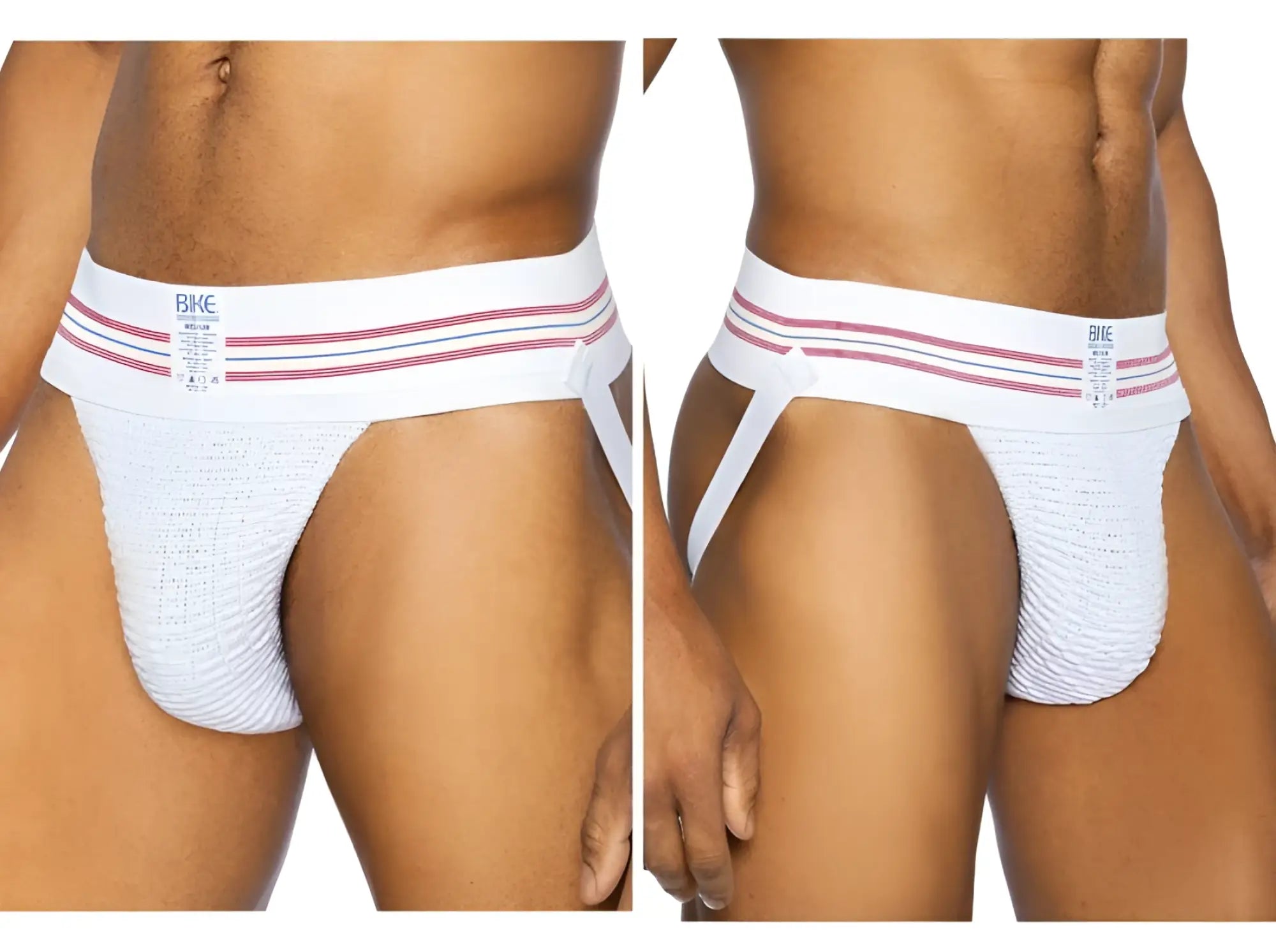White bke athletic briefs with textured fabric and pink striped waistband from bike original number 10 jockstrap