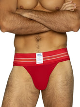 Red bikc brand bike athletic bas306 original number 10 jockstrap with white striped waistband in vibrant red