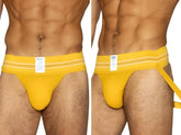Bright yellow BIKE Athletic BAS306 original number 10 jockstrap with white stripes and branded tag in front view