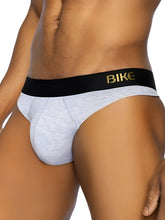 Gray heathered bike briefs with black waistband and gold bike lettering from BIKE athletic BAS319 active thong in light gray