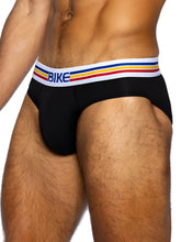 Black bike athletic bas327 stretch cotton briefs with white waistband and blue yellow red stripes in front view