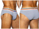 Gray heathered stretch cotton briefs with a white waistband featuring red yellow blue stripes and navy bike lettering