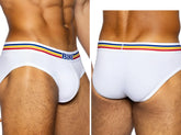 White bike athletic bas327 stretch cotton briefs with colorful striped waistband and blue bike lettering