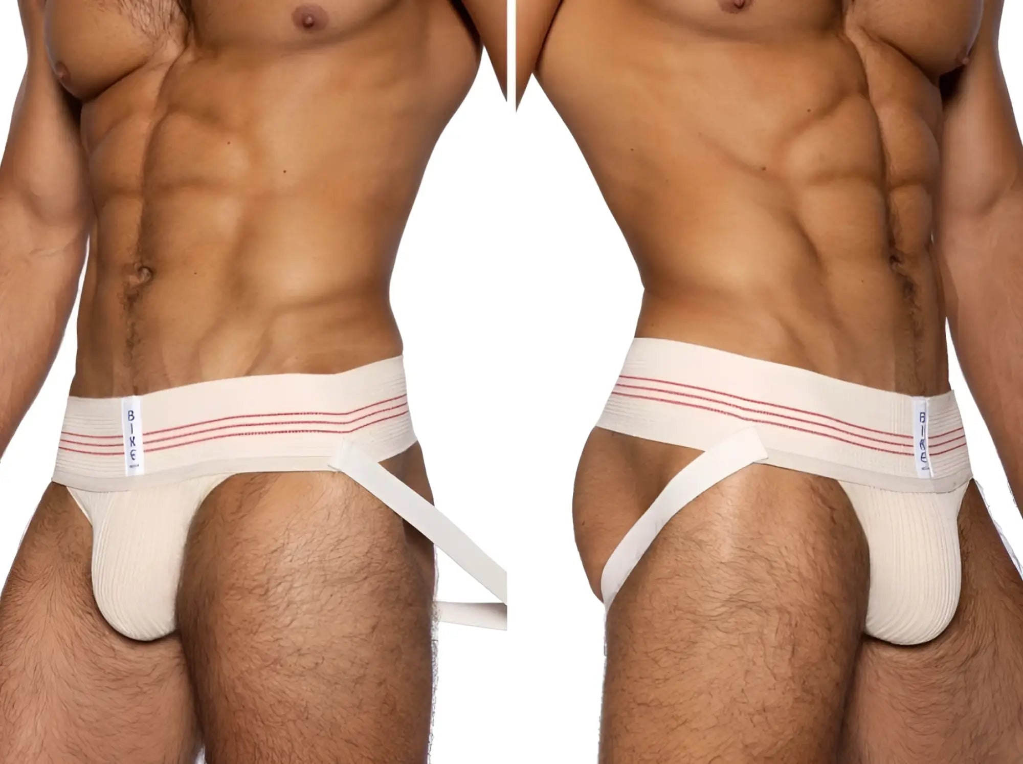 White bike athletic briefs with red stripes and elastic waistband in vintage cream color classic retro style
