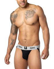 Black athletic briefs with a gray waistband featuring bold black bike lettering and logo from bike classic jockstrap collection
