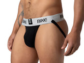 Black bike classic jockstrap briefs with gray waistband featuring bold black bike logo for athletic support