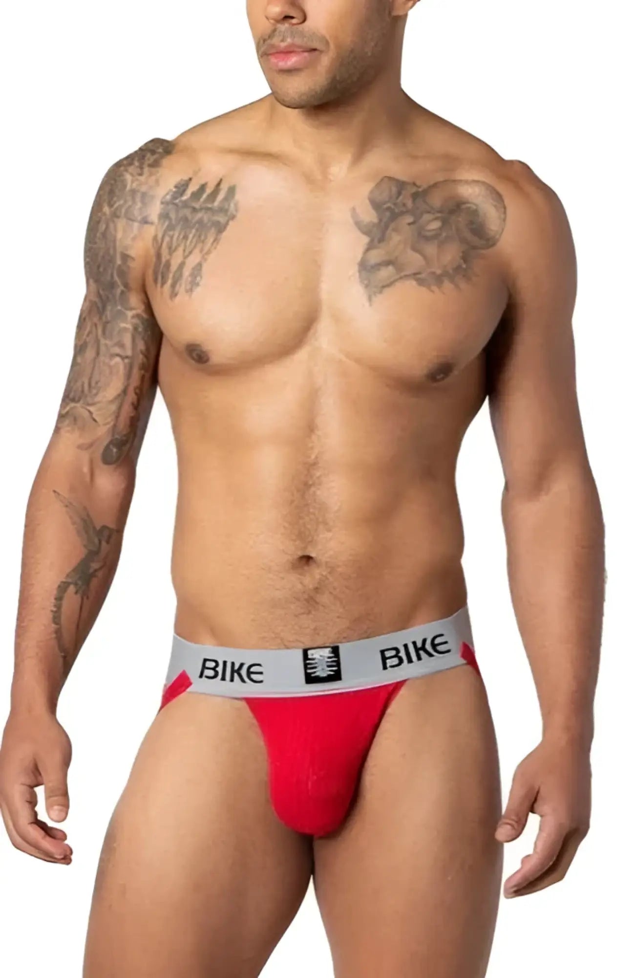 Red bike classic jockstrap briefs with gray waistband featuring bike logo and emblem in front view