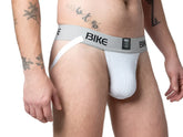 White mesh bike brief with gray bike branded waistband in the BIKE Classic jockstrap product line