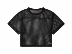 Black mesh crop top with round neckline short sleeves and small rectangular label on lower right side bike practice jersey