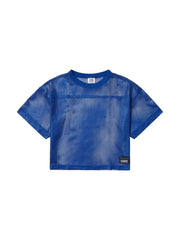 Blue mesh crop top with short sleeves and crew neck featuring black brand labels from BIKE practice jersey