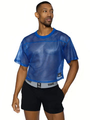 Blue mesh crop top with solid blue ribbed neckline and sleeve edges from BIKE practice jersey collection