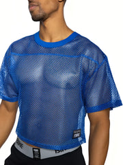 Bike practice jersey blue mesh crop top with solid blue ribbed neckline and sleeve cuffs for active wear